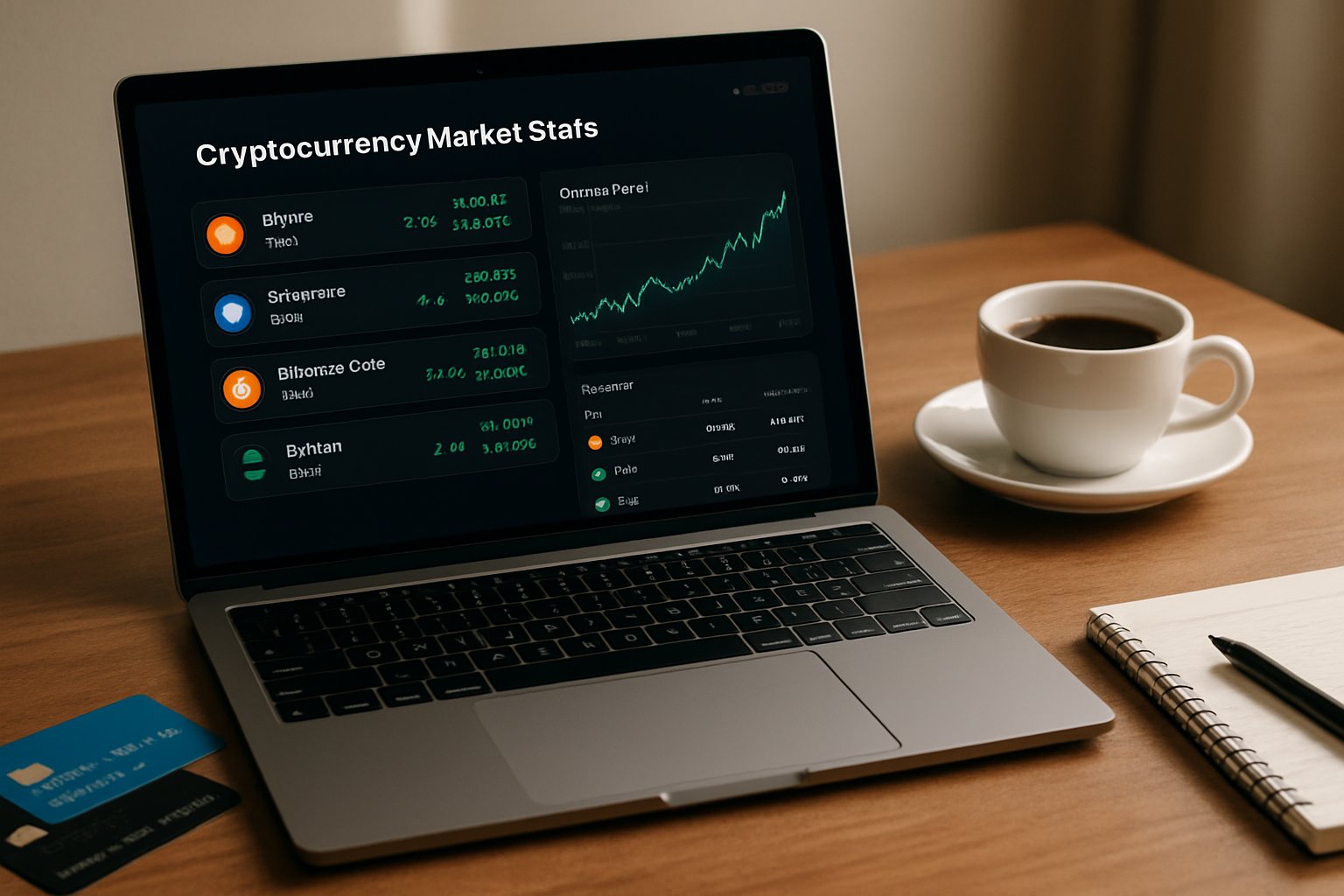 Crypto AI market stats on laptop with payment cards and office setup