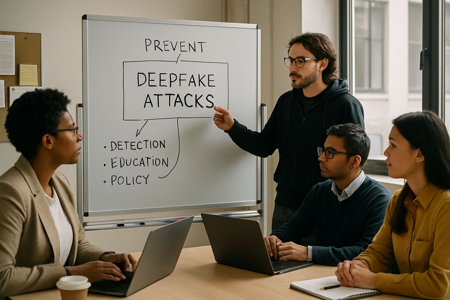 AI Ethical Hacker leads a cybersecurity team meeting on stopping deepfake fraud