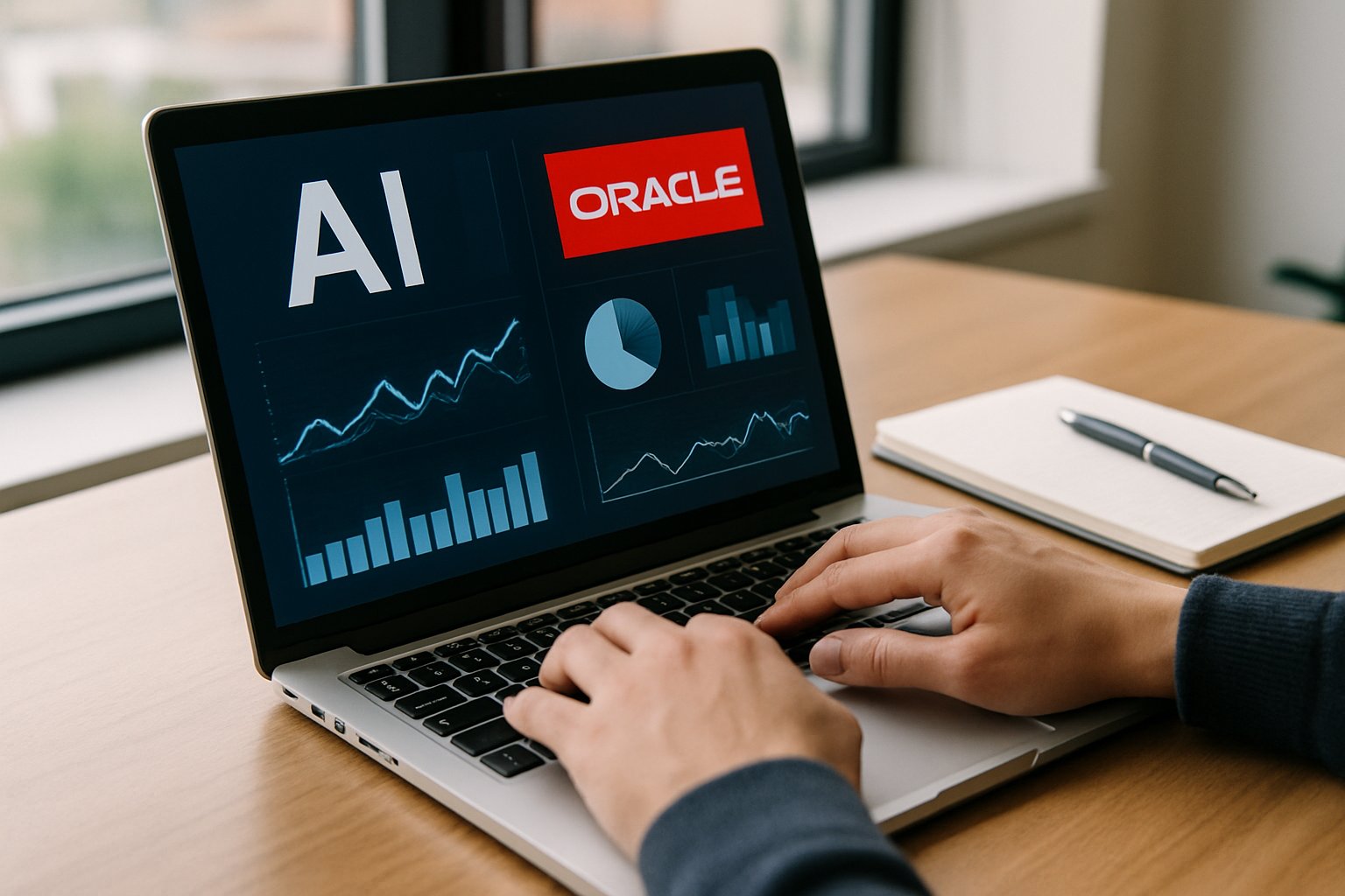 Oracle AI Expansion shown through data analytics on a professional's laptop.