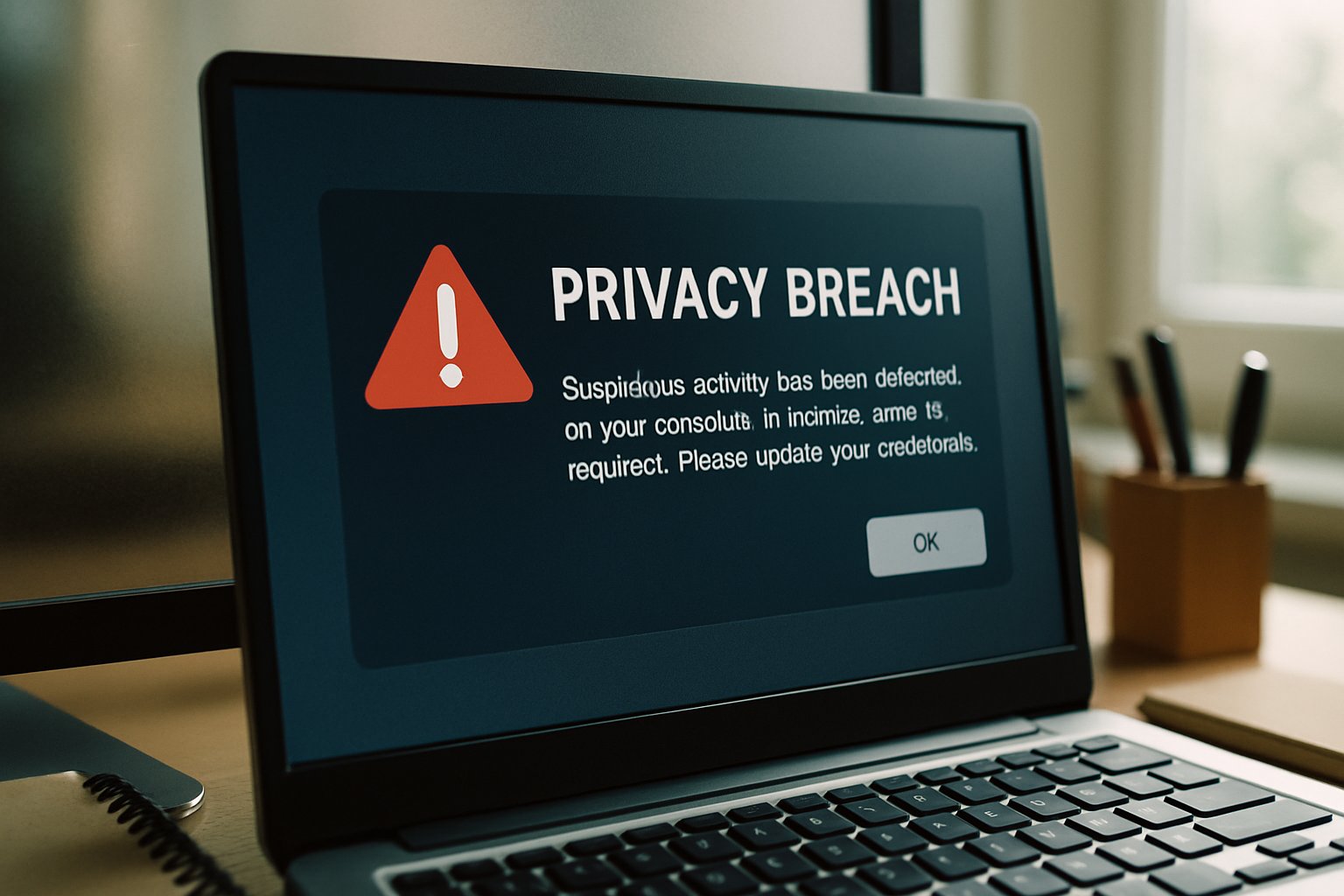 Computer screen shows privacy breach notification after data exposure.