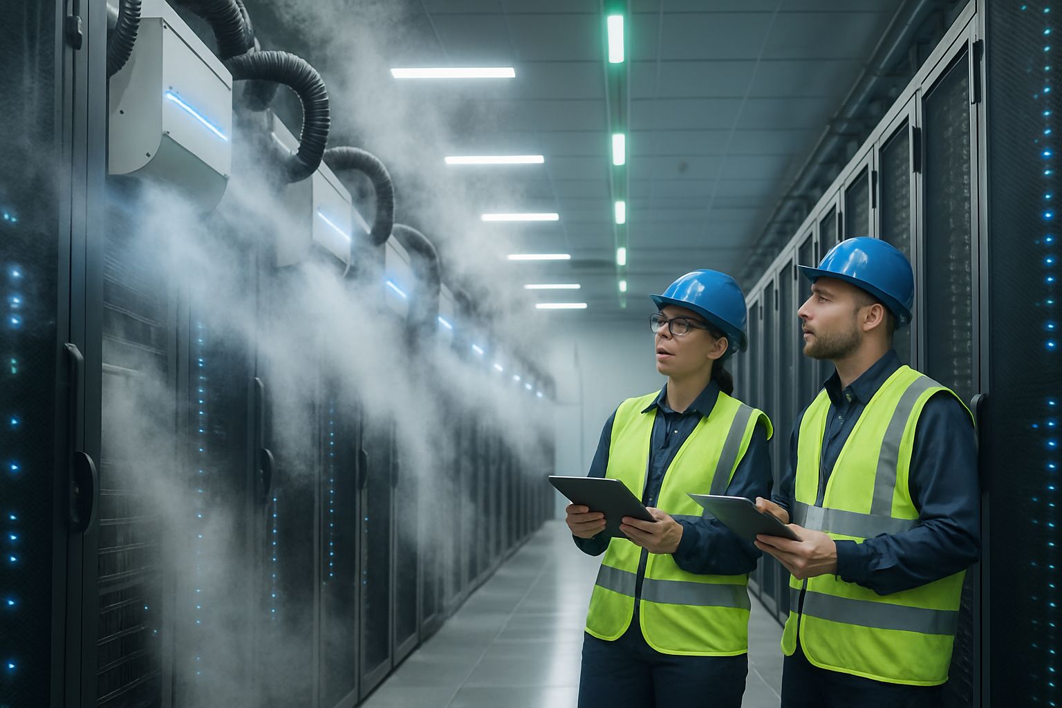 Sustainability efforts inside data center using water-efficient cooling systems.