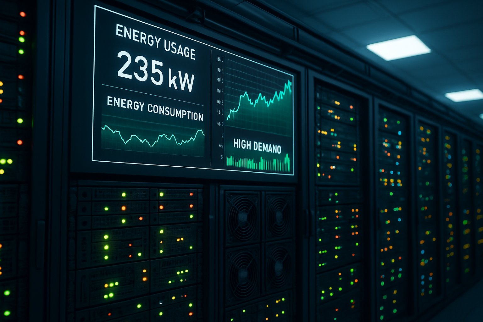 Server racks in data center showing energy use during AI Energy Crisis.