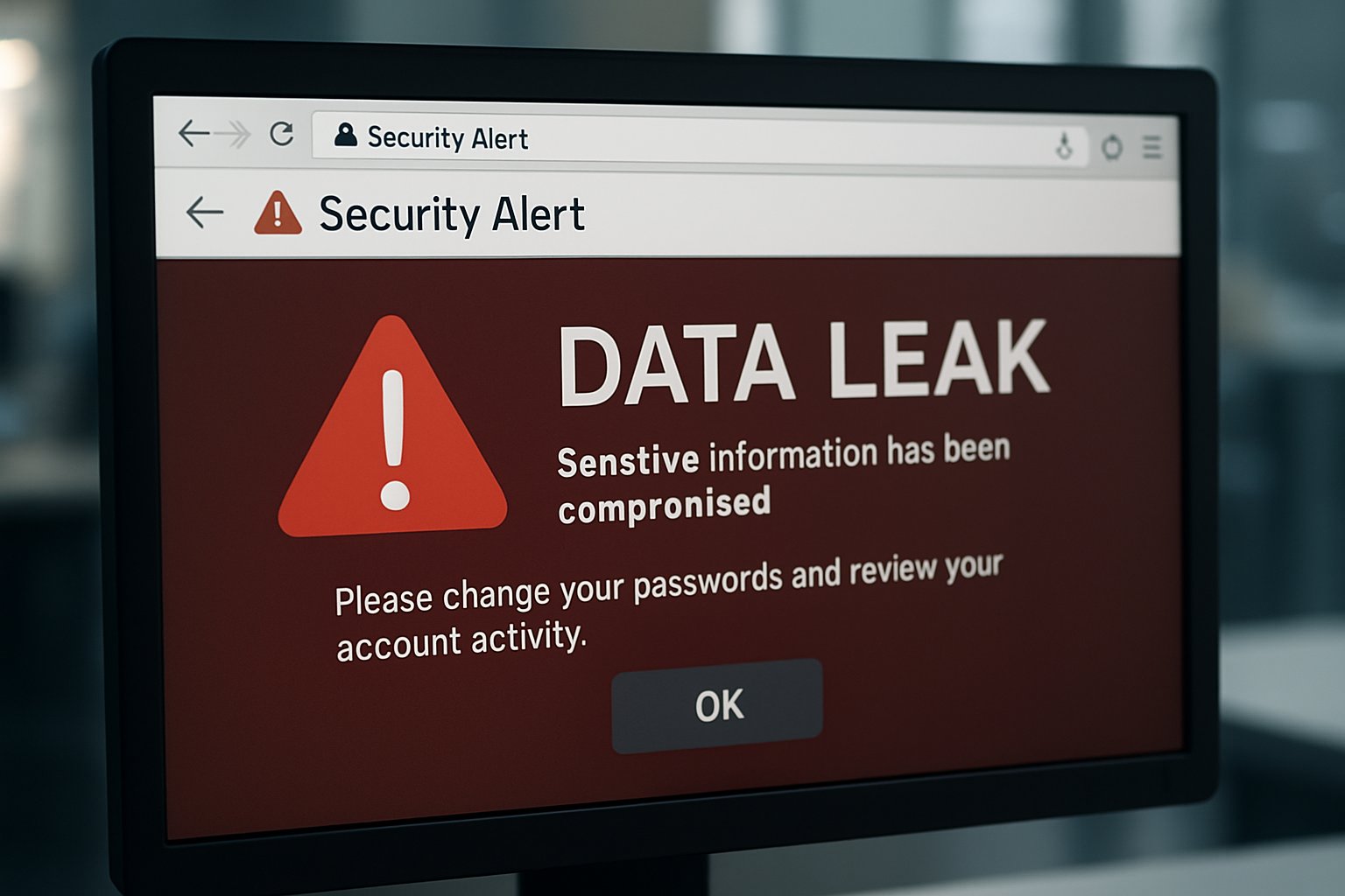 Cybersecurity alert notification about a data leak on a computer screen.