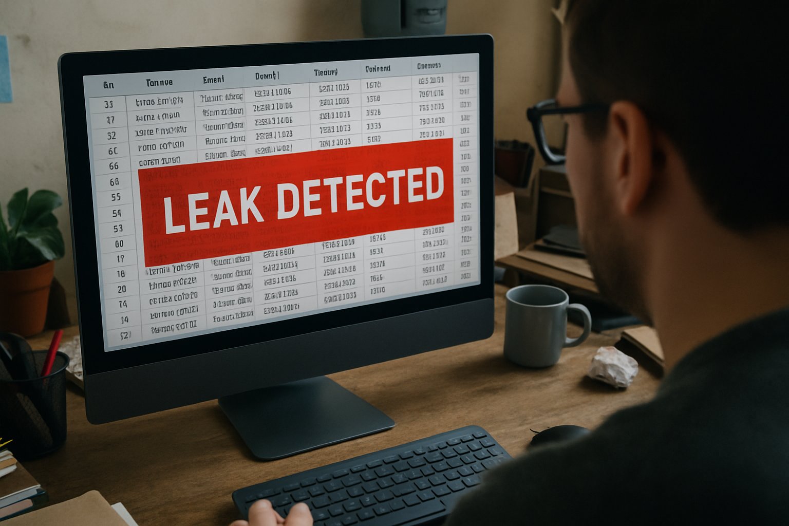 Database administrator discovers Database Leak alert on computer screen.