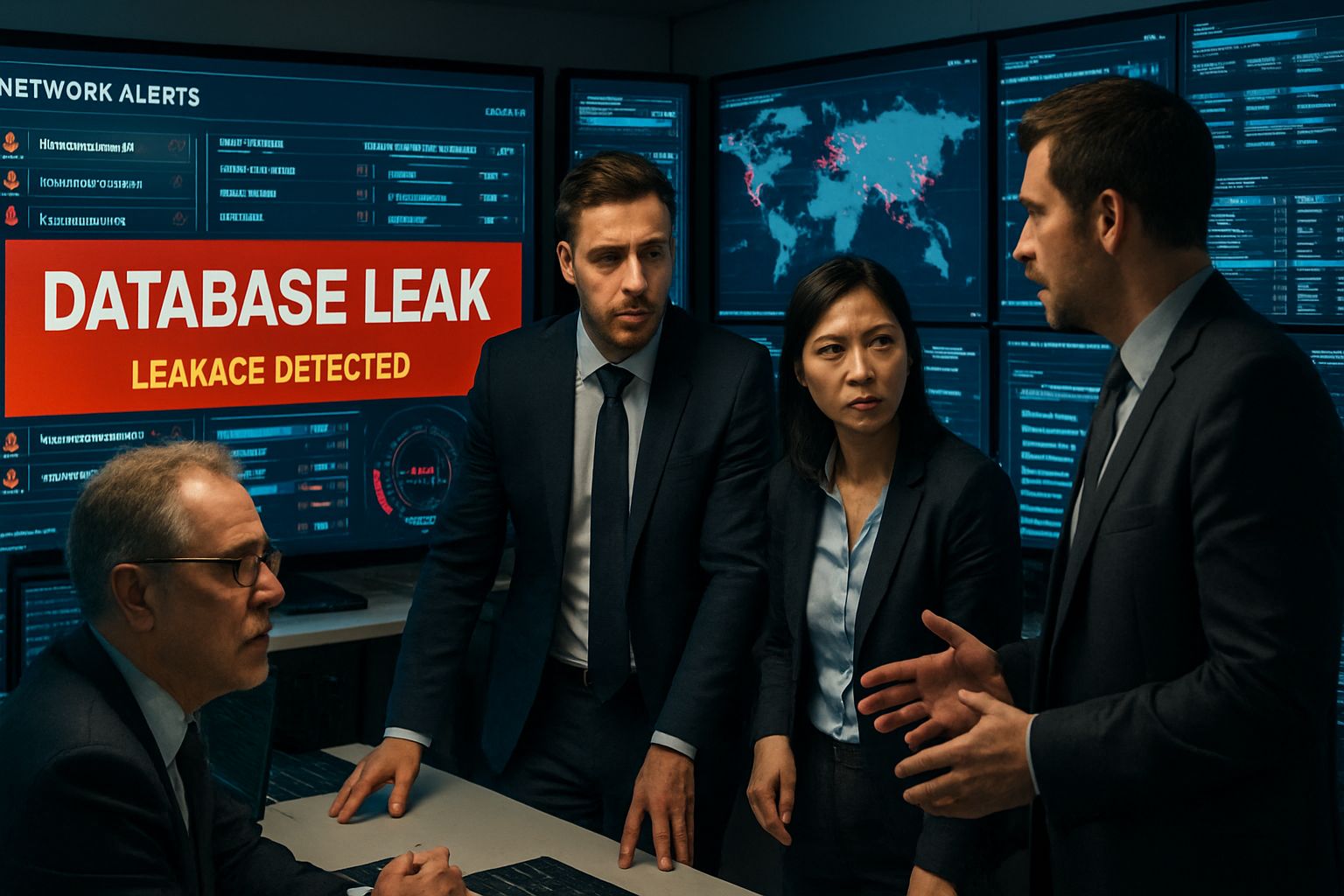 IT experts discuss OpenClaw-related database leak and security vulnerabilities in operations room.
