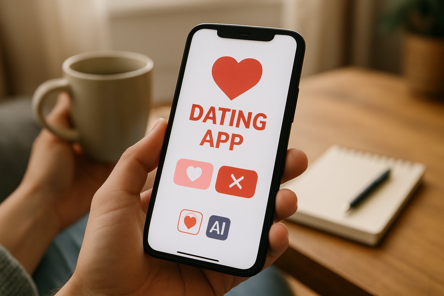 Smartphone dating app with AI Social Impact features in a natural home scene.
