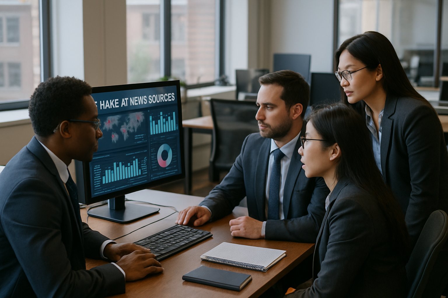 Cybersecurity team analyzing data on Disinformation and AI news sources.