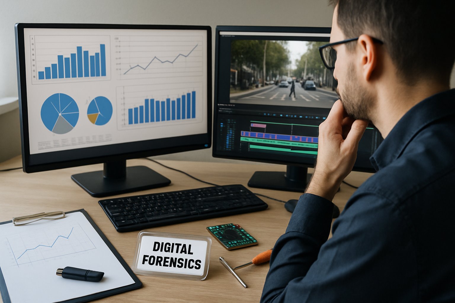 Forensic expert uses tools to debunk Political Disinfo deepfakes on computer monitors.