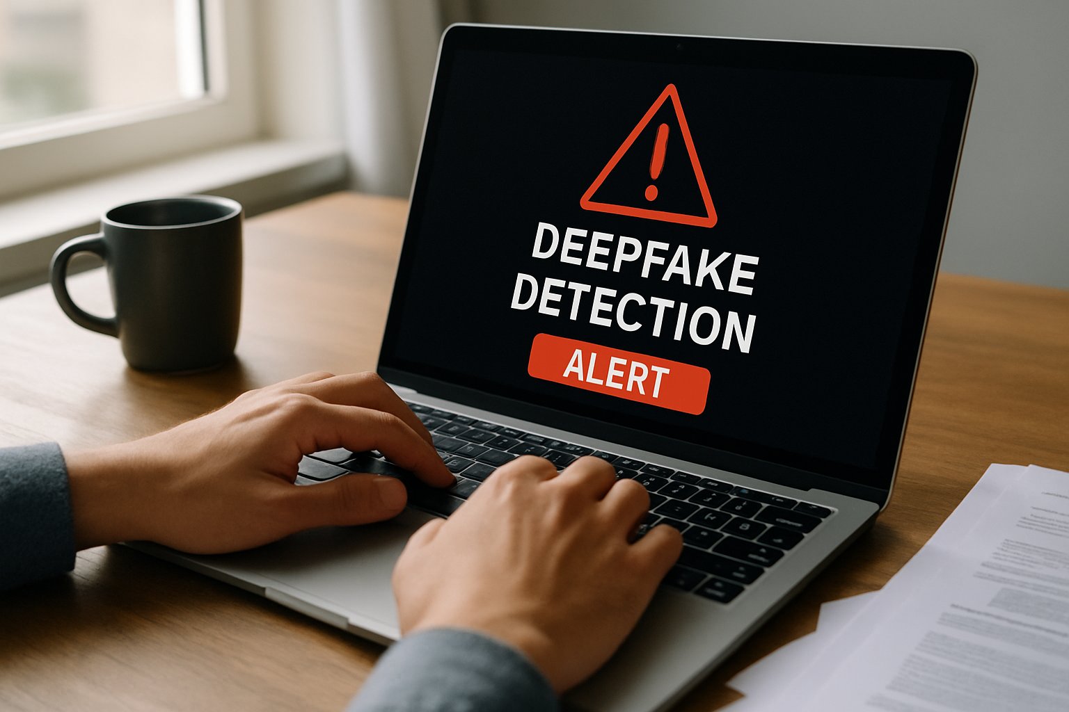 Laptop showing Platform Liability Law compliance with a deepfake detection alert.