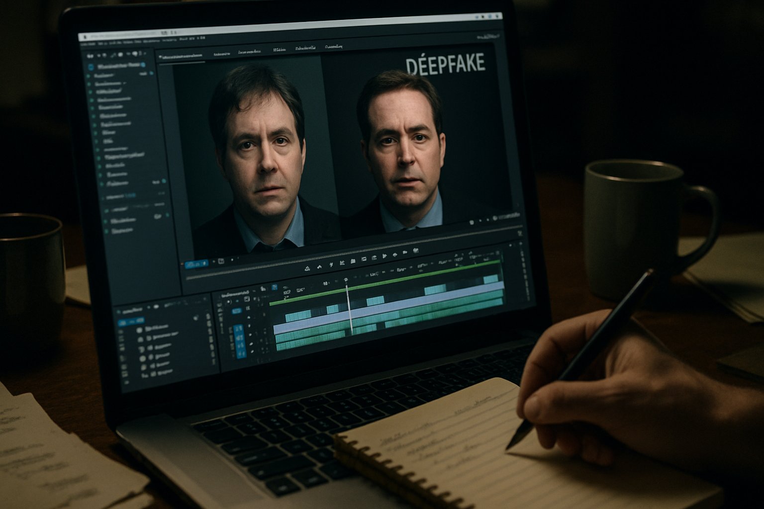 Detecting deepfake video as part of a corporate fraud investigation in the office.