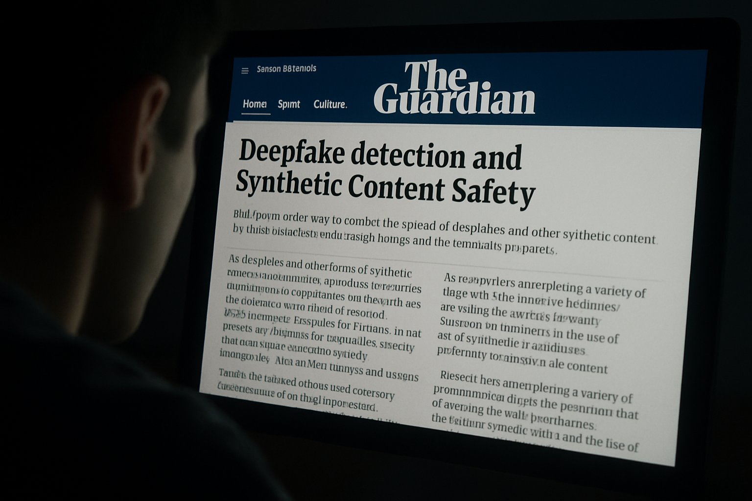 Person reading about Synthetic Content Safety and deepfakes on a realistic computer screen.