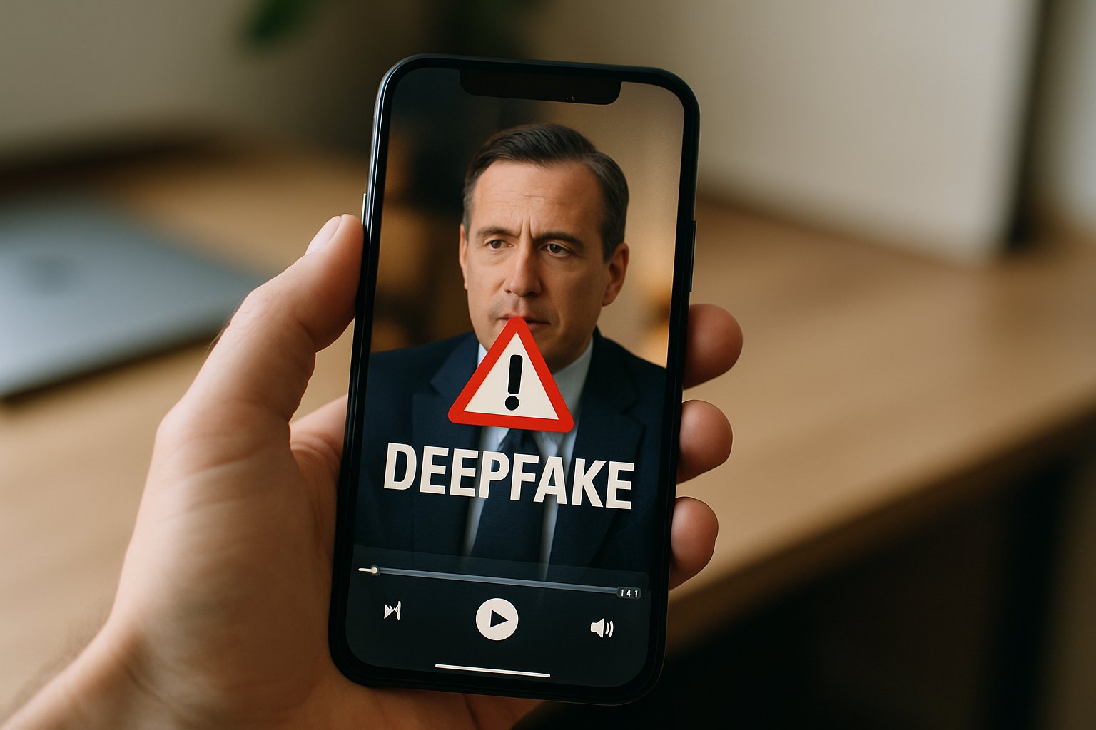 Smartphone with deepfake warning under AI Regulation laws.