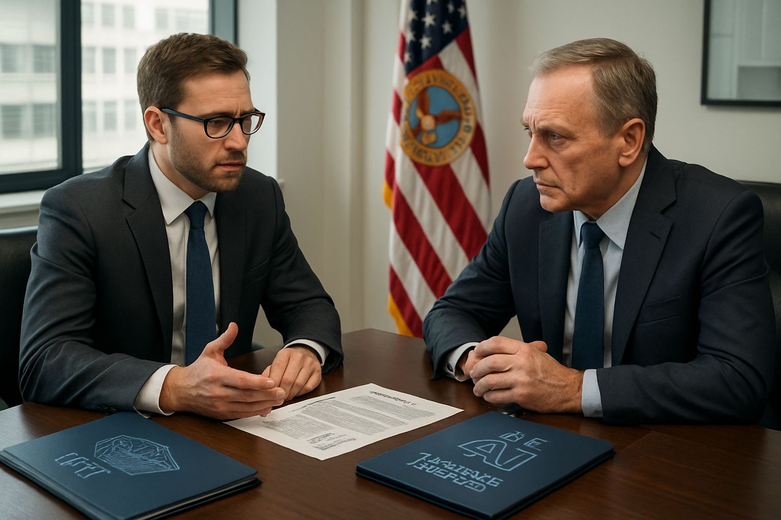 Business leaders discuss AI Defense Logistics deal in a conference room