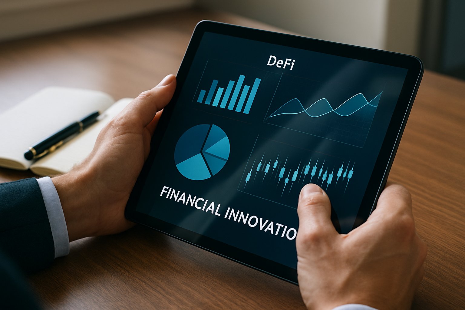 Financial Innovation in DeFi shown as digital data on tablet.