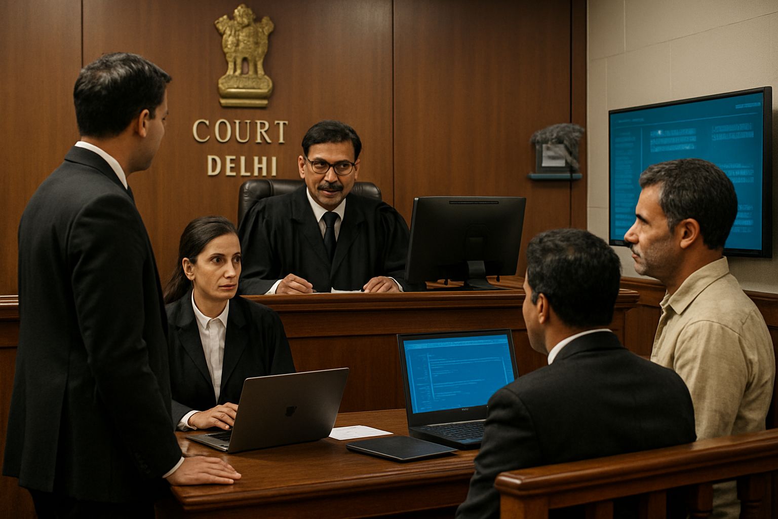 Delhi courtroom scene related to AI Activism Arrest legal proceedings.