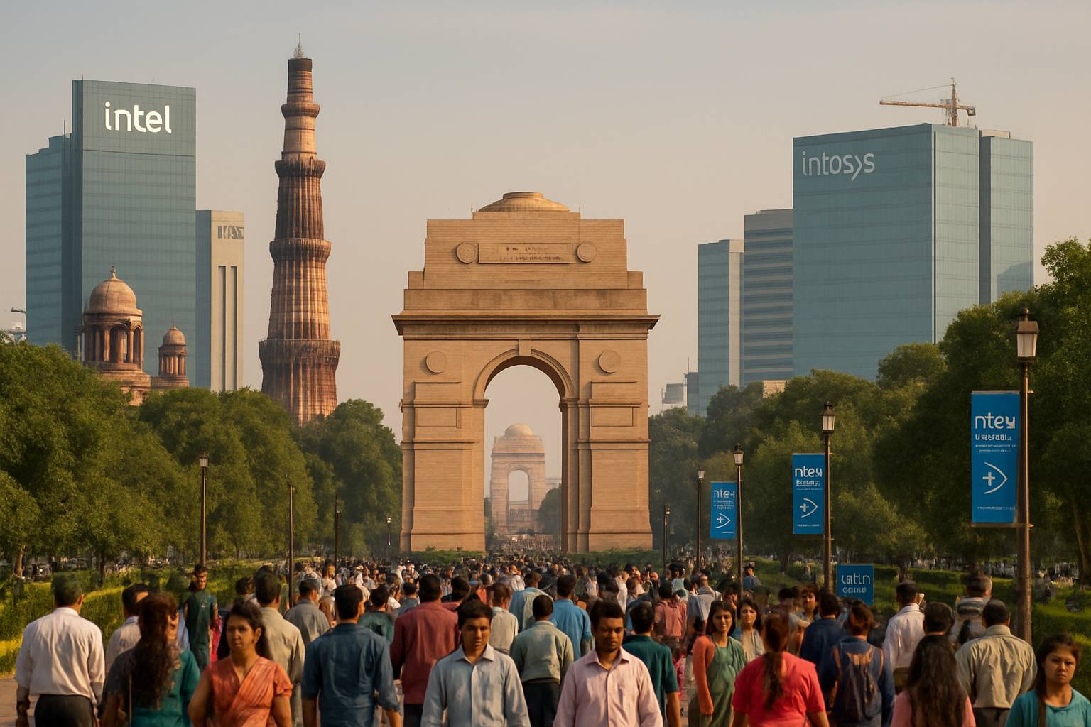 Delhi cityscape with AI Diplomacy banners and tech conference atmosphere.