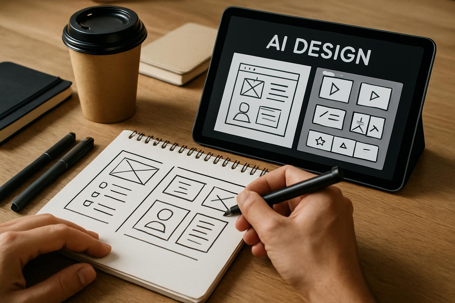 Designer sketches UI ideas beside AI tools amid AI Design Displacement.