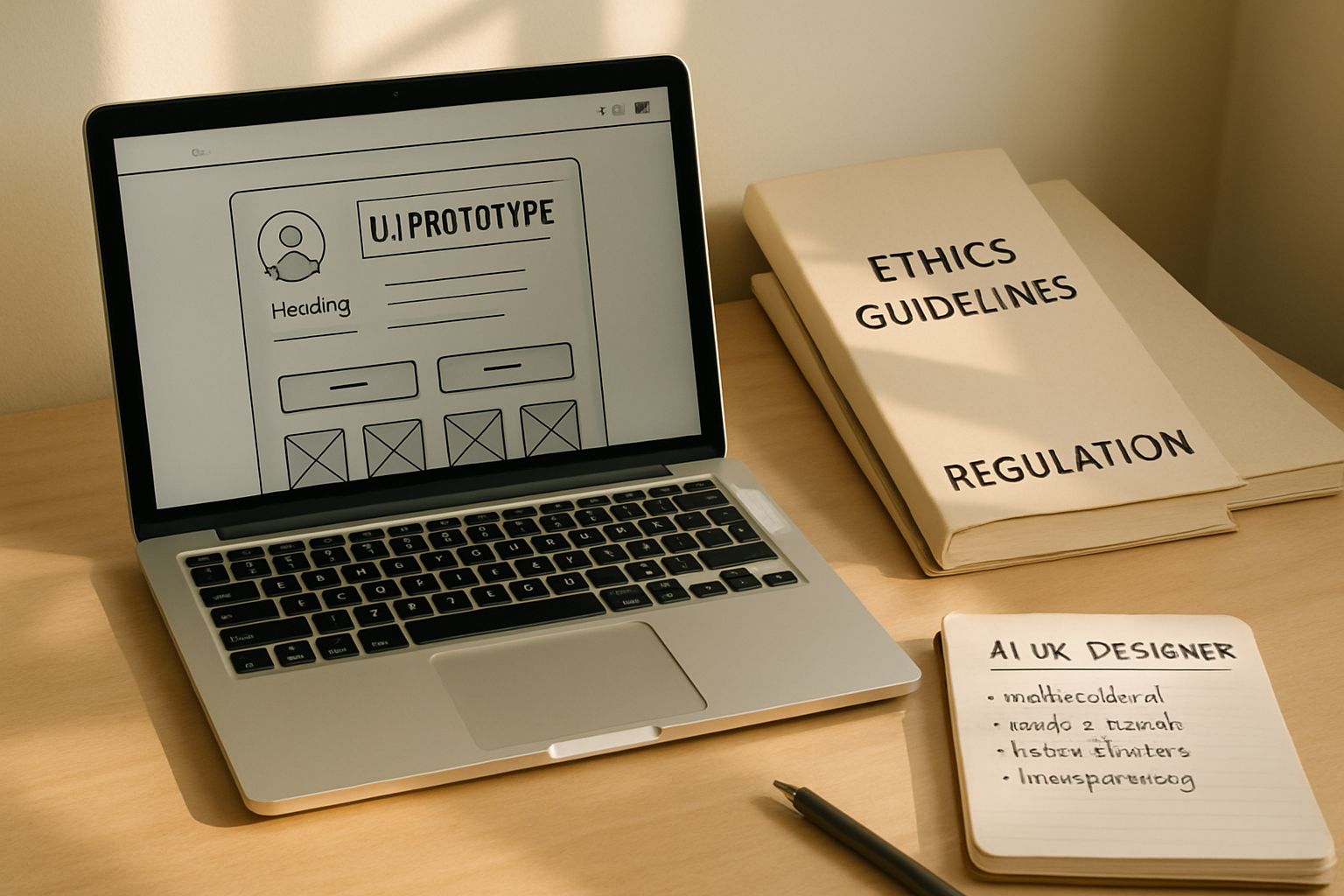 AI UX Designer workspace featuring ethical guidelines and design prototypes.