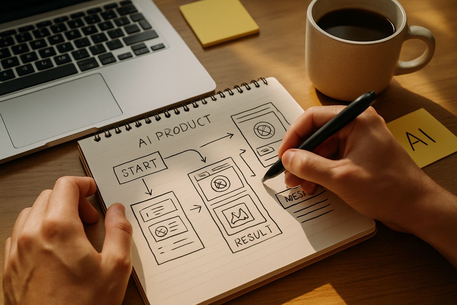 UX designer planning AI Product workflows with sketches and digital tools.