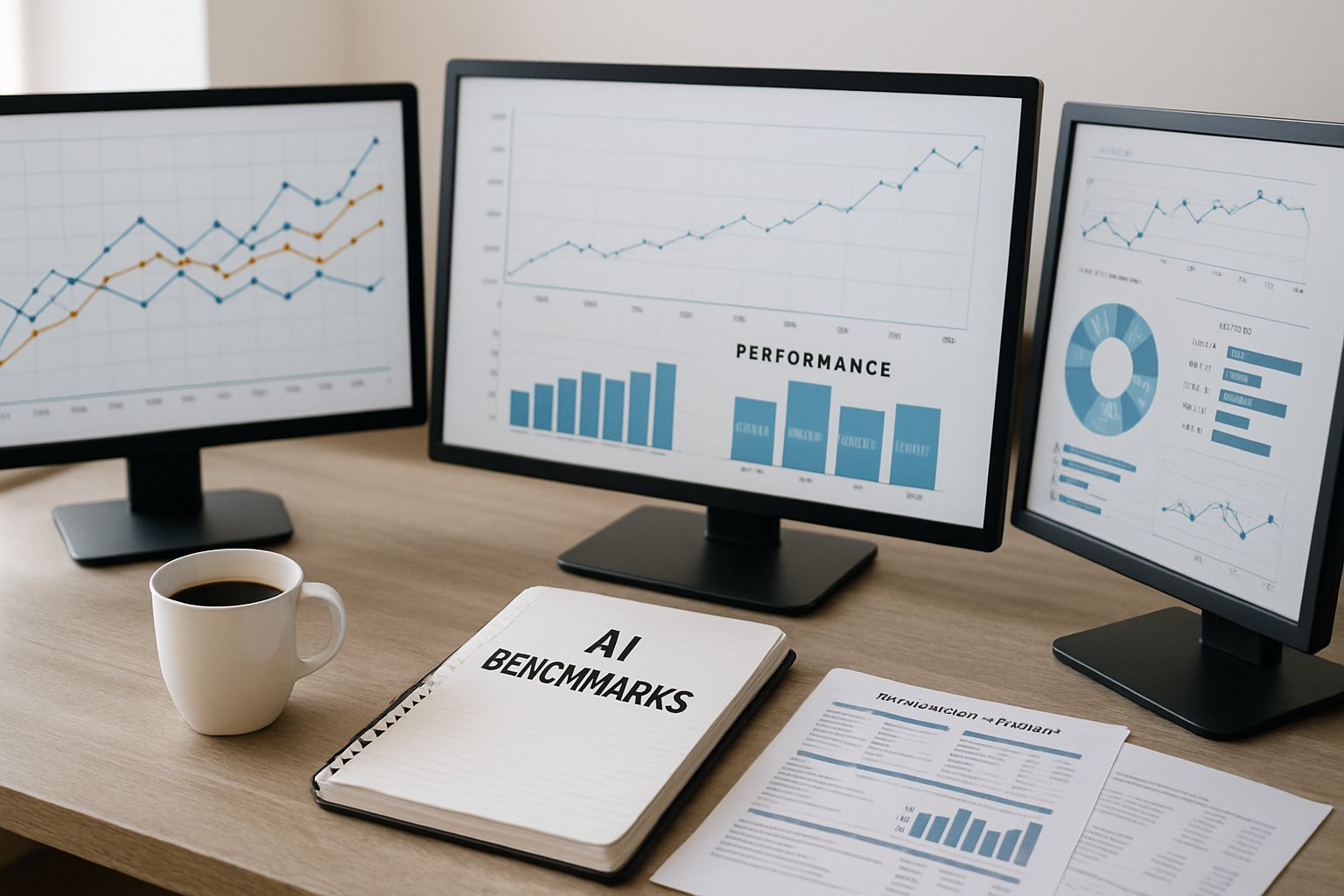 Desktop workspace displaying AI Benchmarks charts and reports for analysis