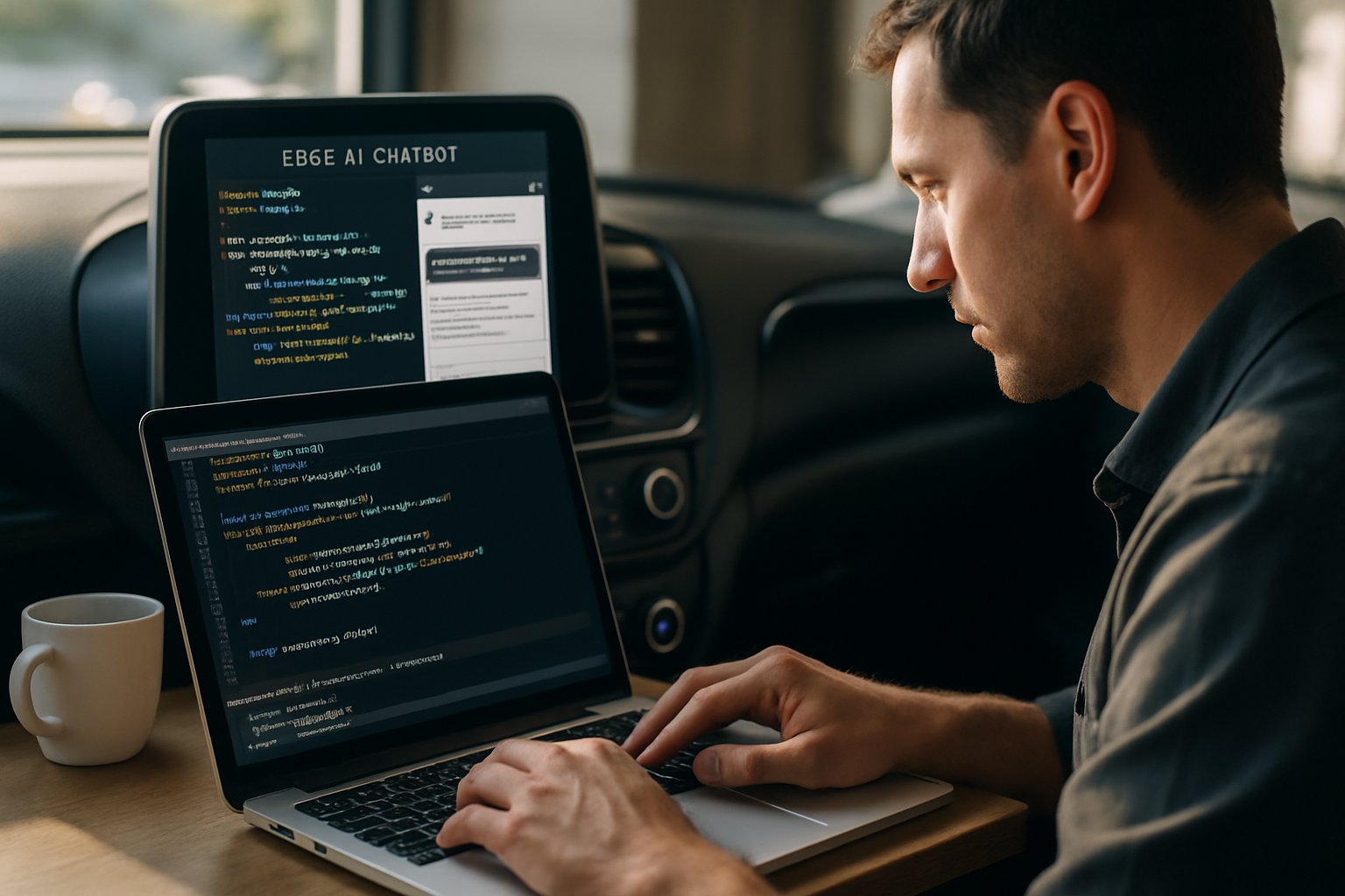 Developer testing Edge AI integration for Apple CarPlay chatbots.