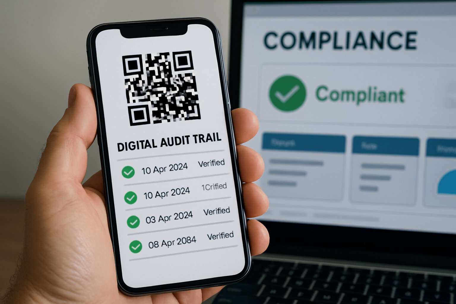 Smartphone screen illustrating digital traceability audit and QR code.