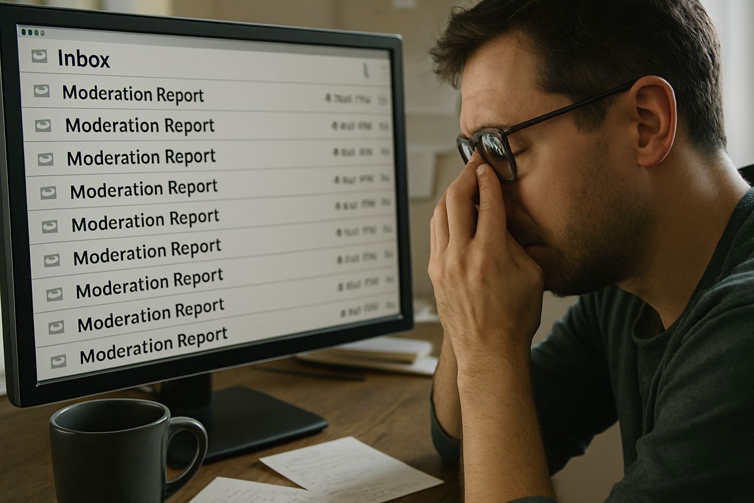 Resource Drain visualized by an investigator facing an overflowing digital inbox of reports.