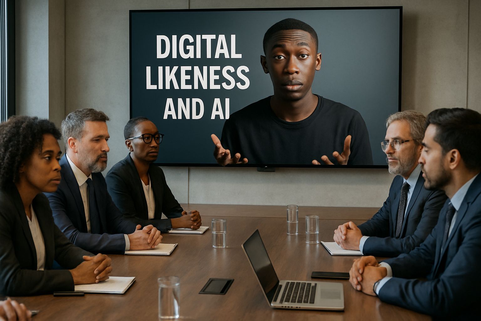Boardroom discussion about Digital Likeness featuring influencer likeness on big screen.