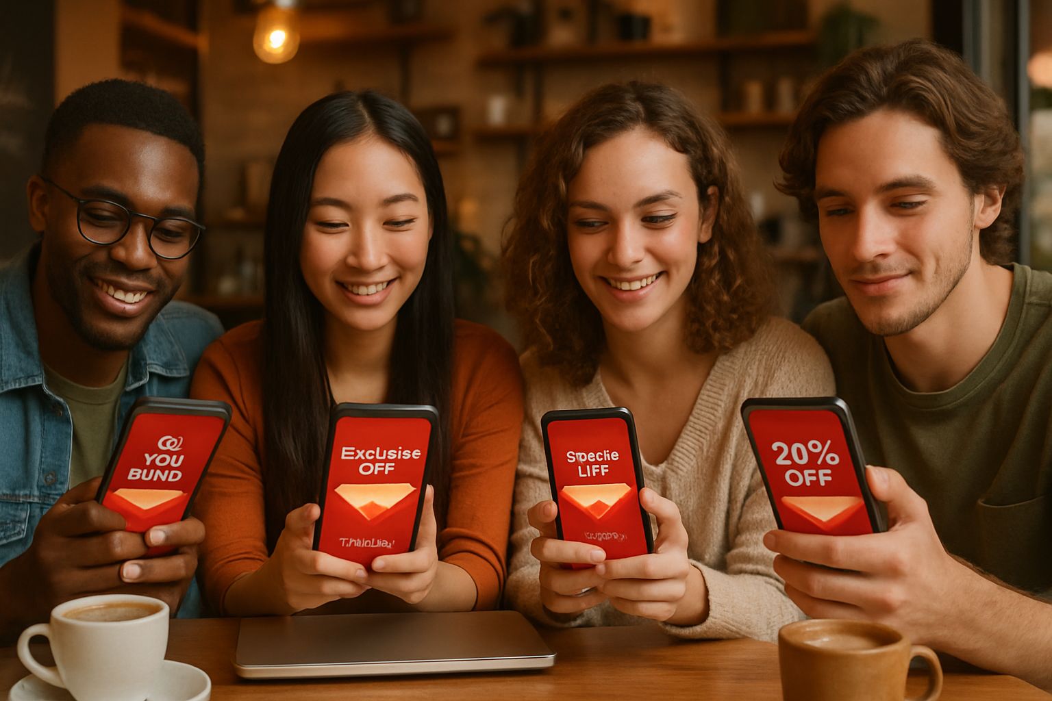 Young adults experience AI in Marketing through digital red envelope messages at a café.
