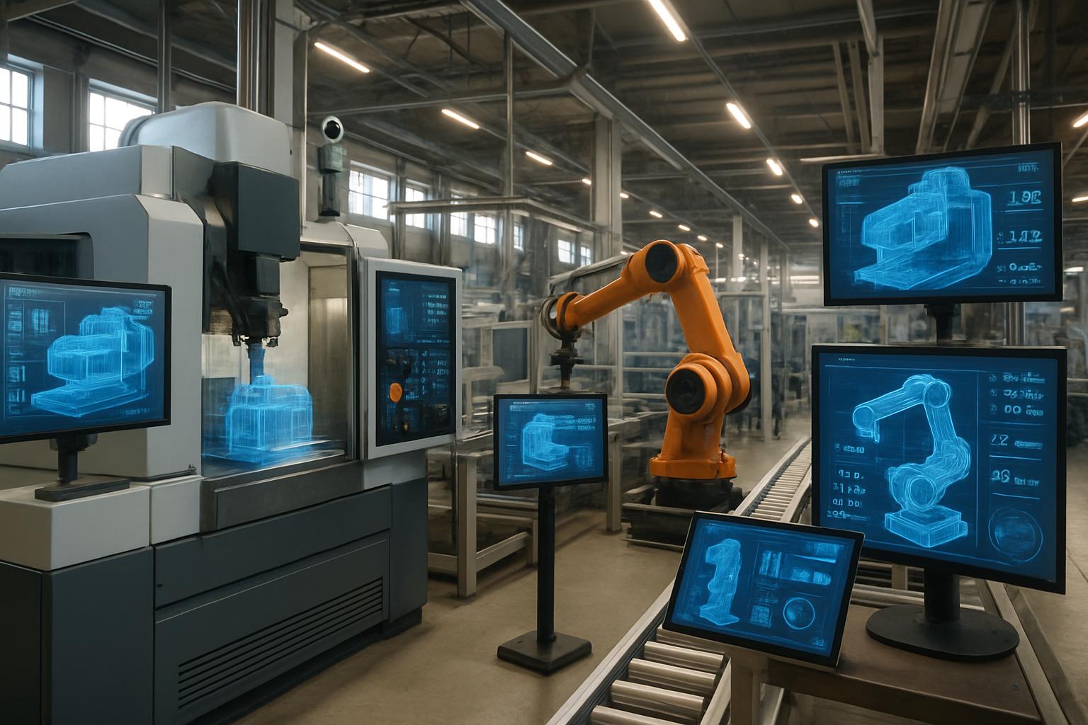 Industrial Virtual Twins displayed alongside real-world factory equipment and automation.