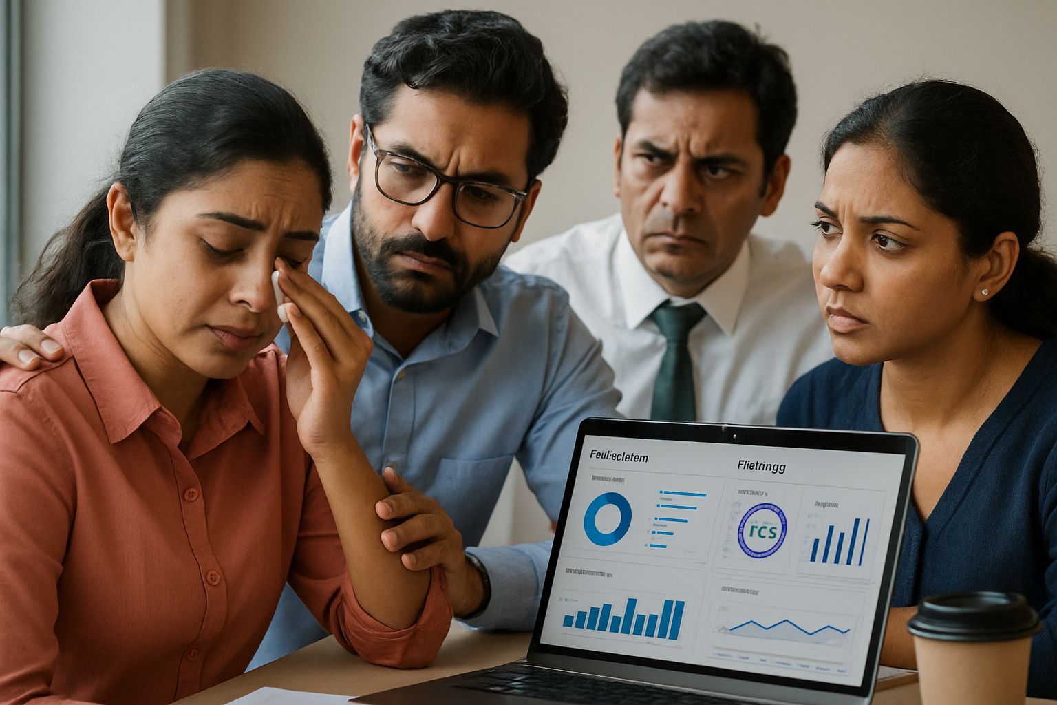 Indian professionals discuss trauma data and AI HR analytics in meeting.