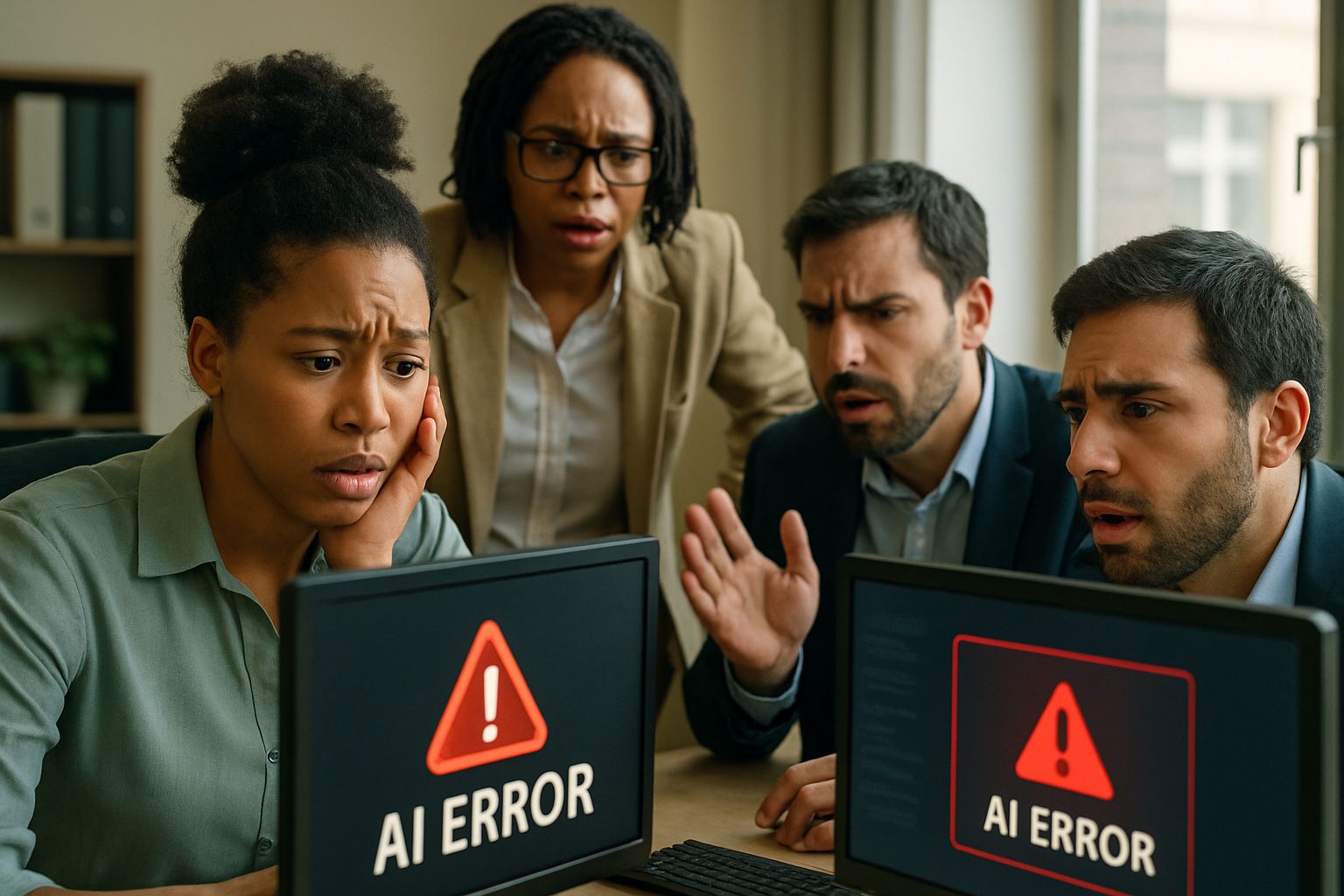 Office workers encountering AI Implementation Fail on their computers.