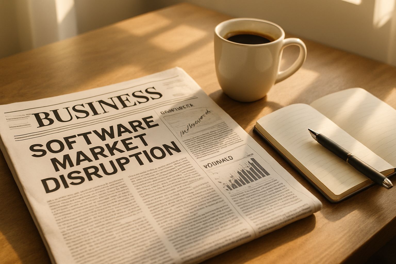 Business newspaper highlights Software Market Disruption in a home office environment.