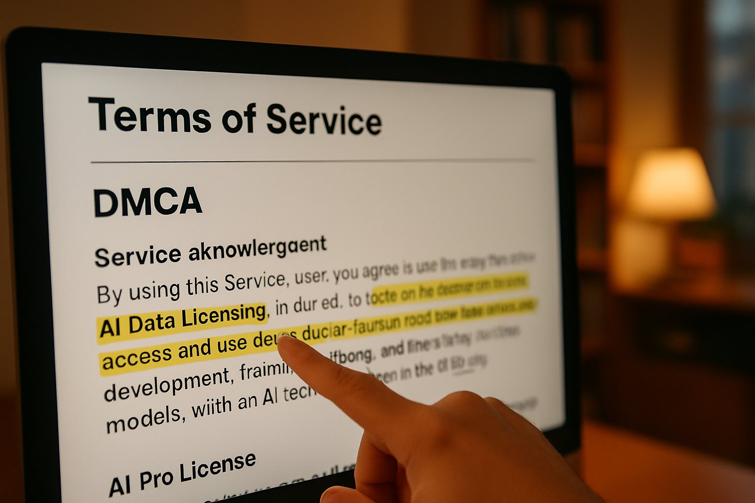 Computer screen showing AI Data Licensing terms and DMCA notice highlights.