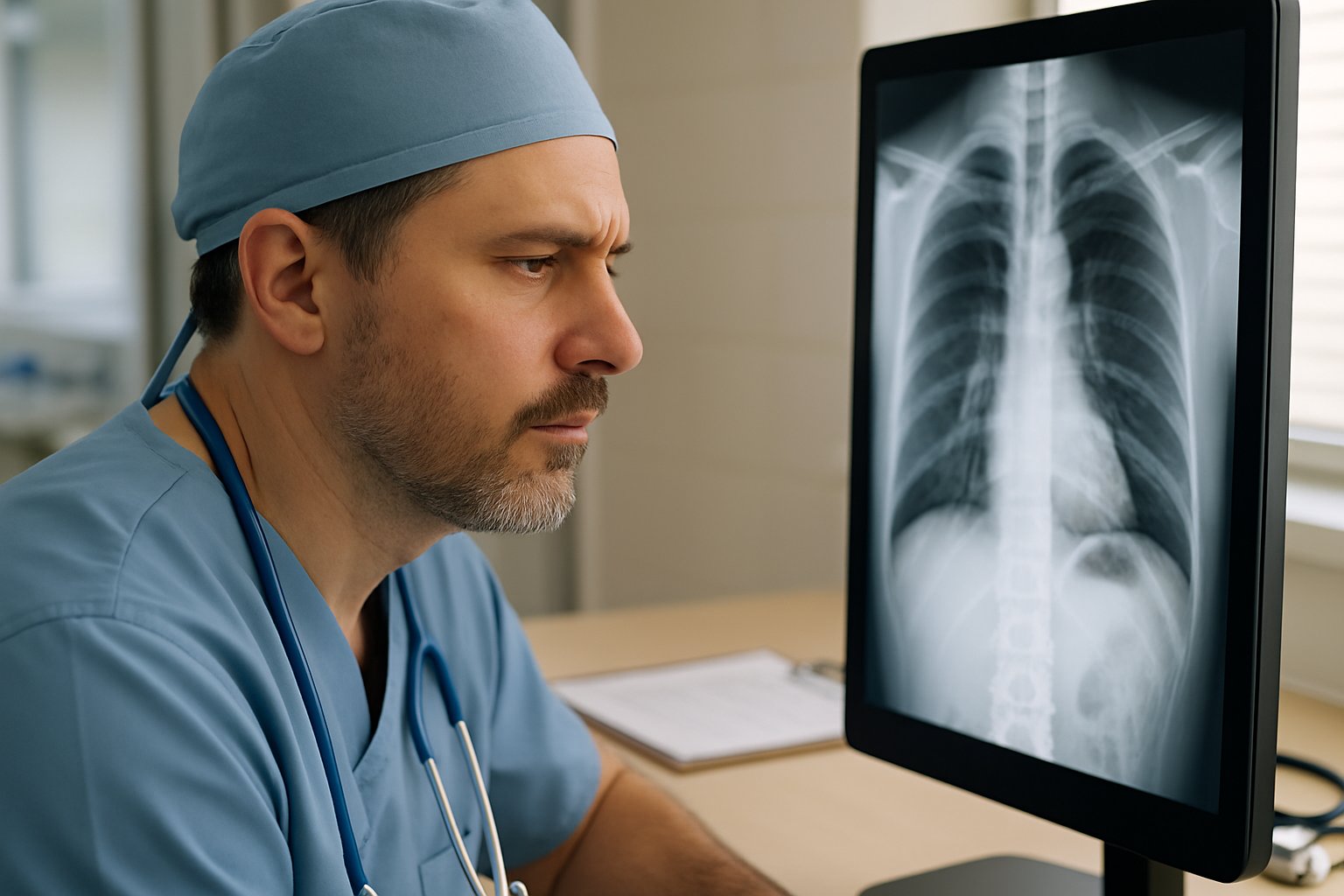 Doctor evaluating diagnostic reports to enhance patient safety.