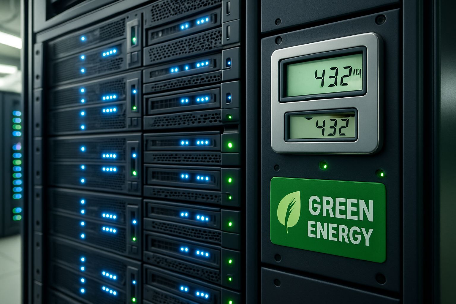 Green energy data center showcasing Climate AI technology and growing emissions