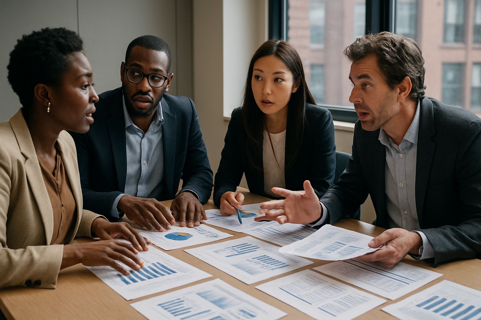 Professionals discuss data in boardroom during GDP Mirage analysis.