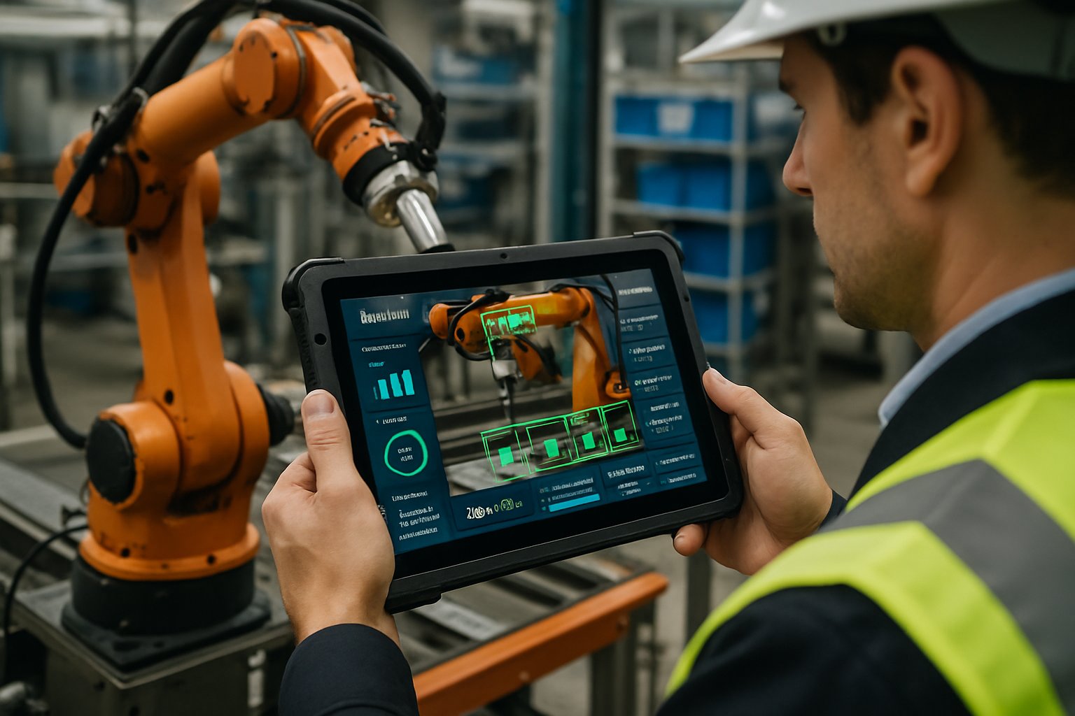 Engineer inspects robotic arm using Industrial Vision edge AI solution.