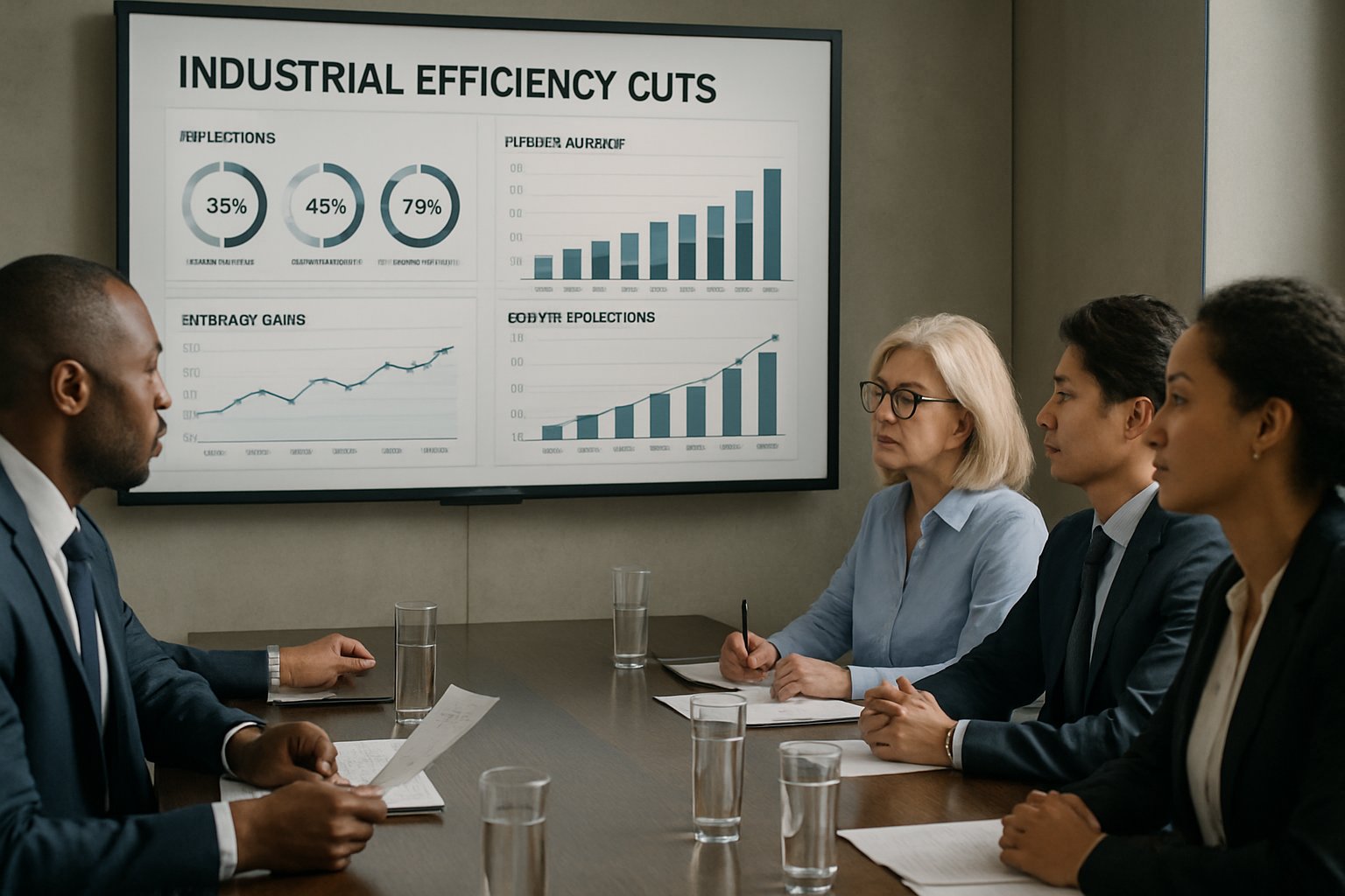 Executives reviewing industrial efficiency cuts analytics in a modern boardroom