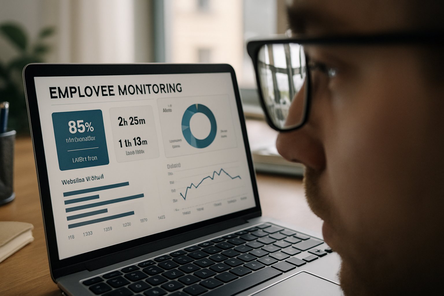 Labor Rights shown through employee at computer with AI surveillance dashboard.