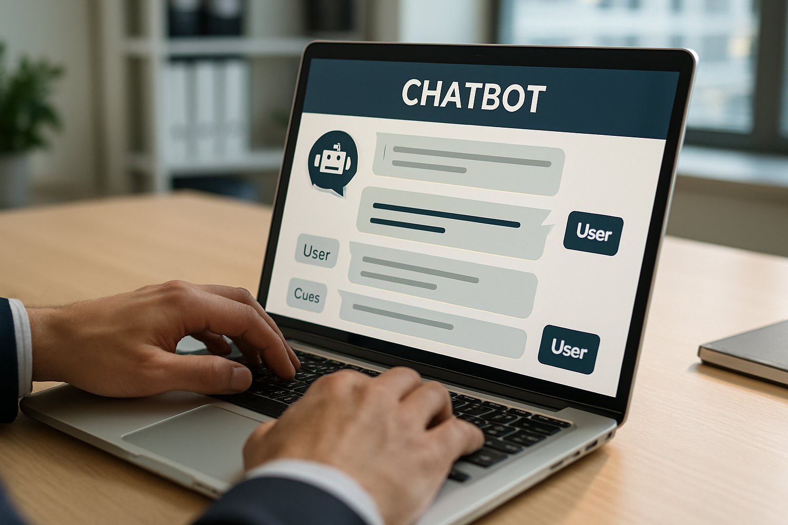 Corporate professional interacts with AI chatbot on laptop screen.