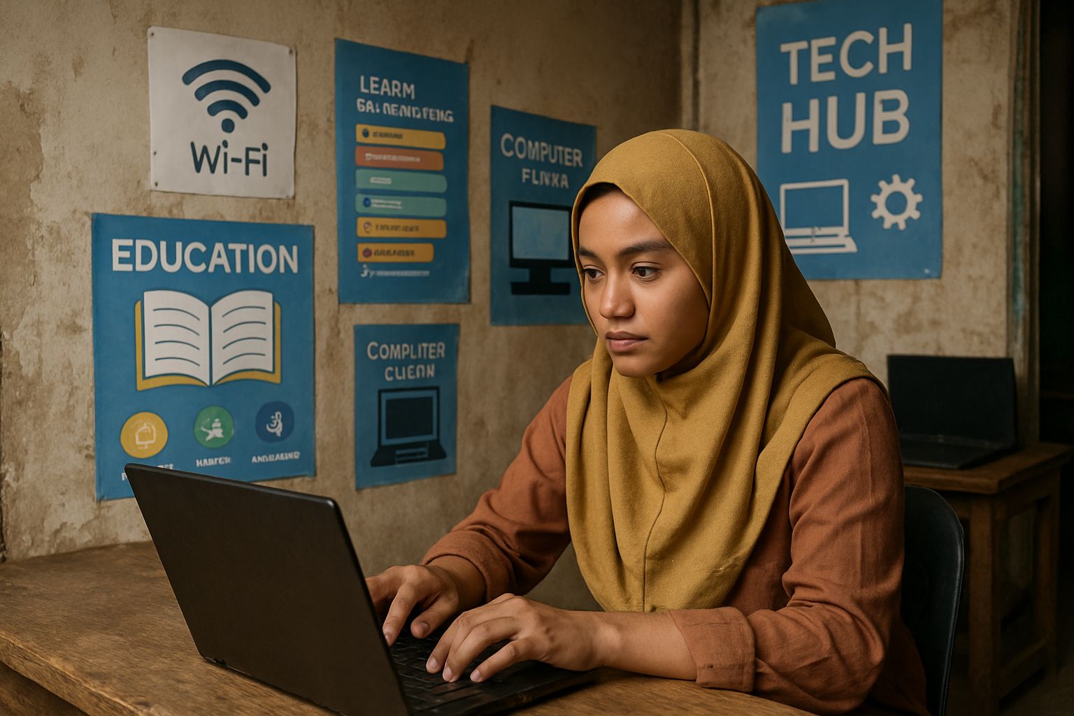 Young woman accessing AI Equity opportunities in a developing region tech hub.