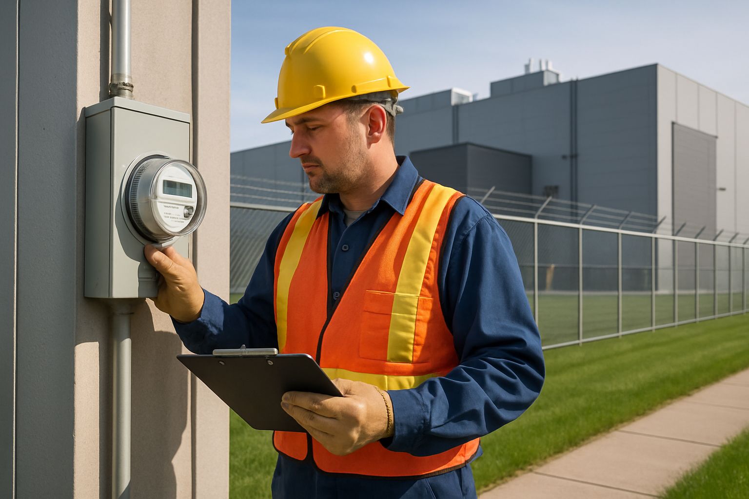 Utility worker checks data center electricity meter for Infrastructure Power Billing compliance.