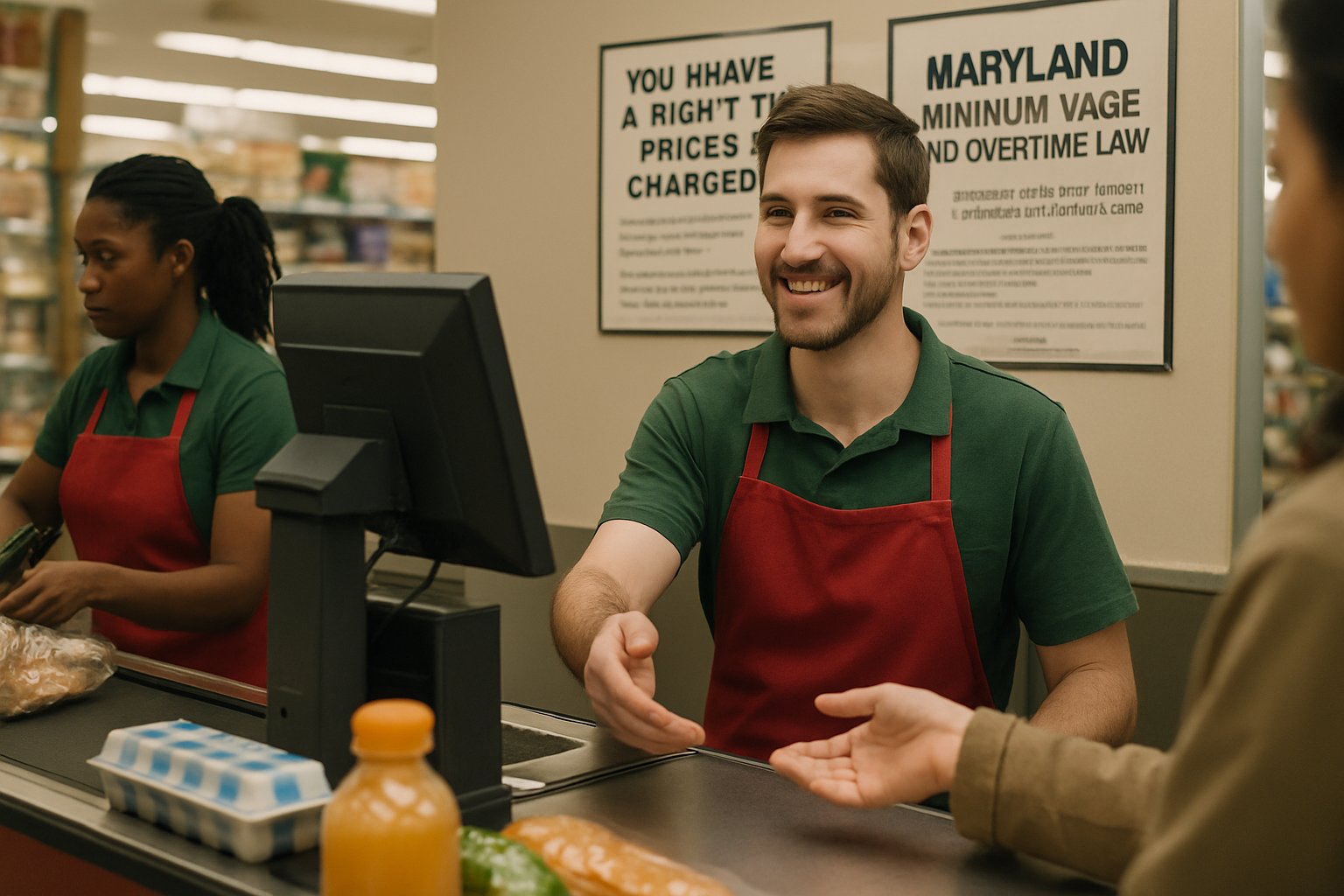 Retail cashier observes Consumer Algorithm Wage Protections compliance in Maryland.