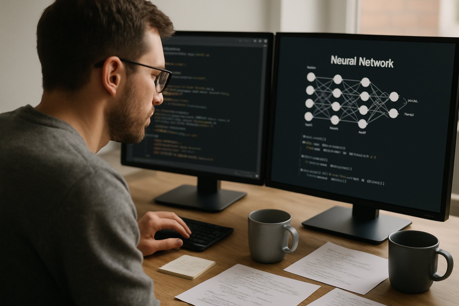 AI Scaling Engineering development shown with engineer and code screens.