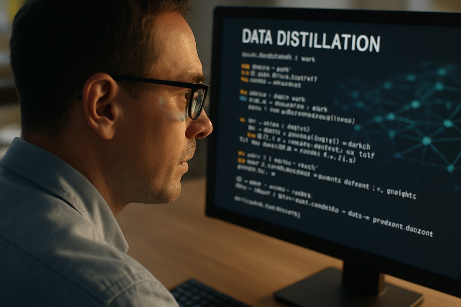 Engineer reviews Data Distillation code on a monitor in authentic tech workspace.