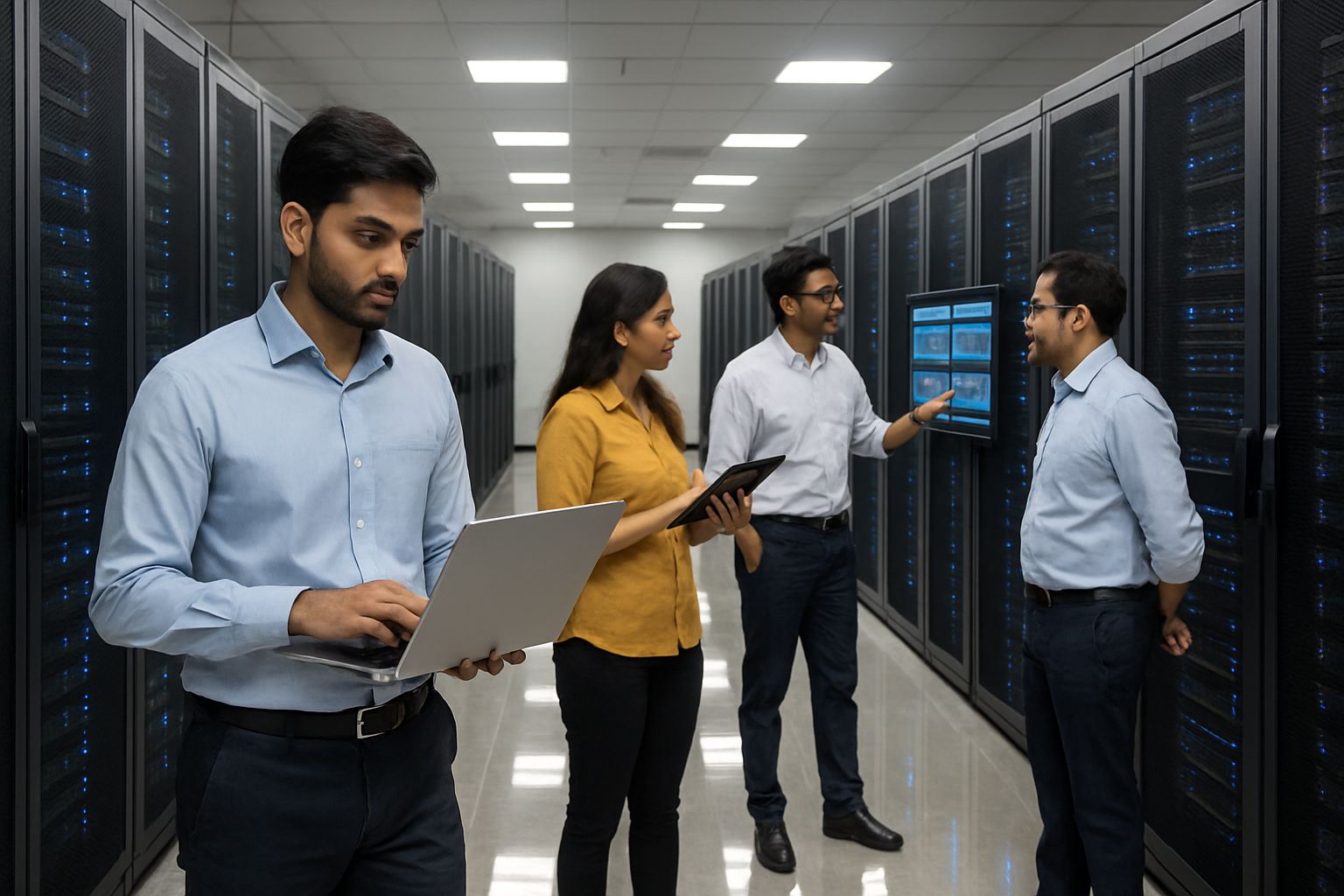 Engineers managing server racks inside advanced Data Hubs facility in India.