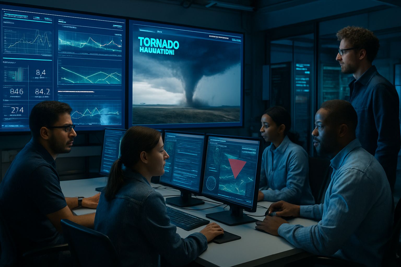 Engineers oversee Autonomous Systems tested with Genie 3 tornado simulations in a tech lab.