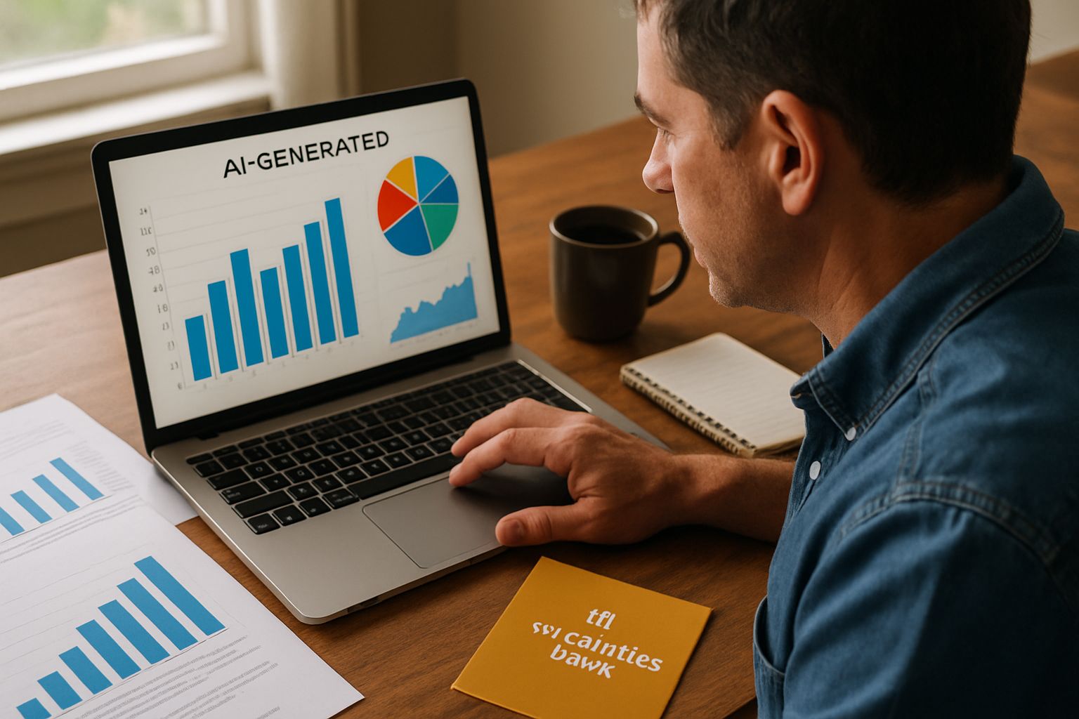 Entrepreneur reviews Small Business AI analytics on laptop at desk.