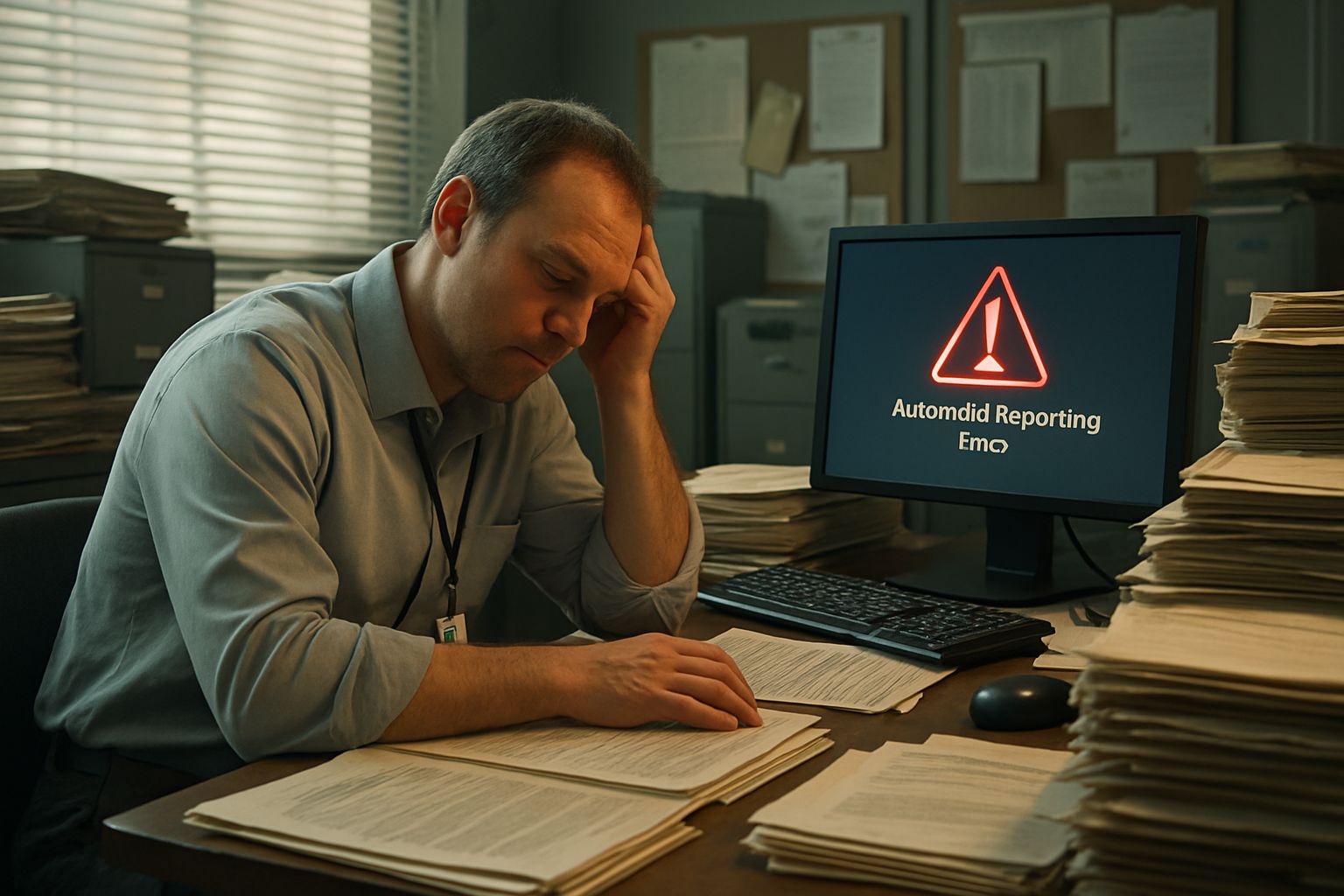 Investigator overwhelmed by Automated Reporting Error paperwork and alerts.
